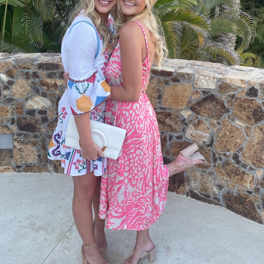 Pink + white midi dress